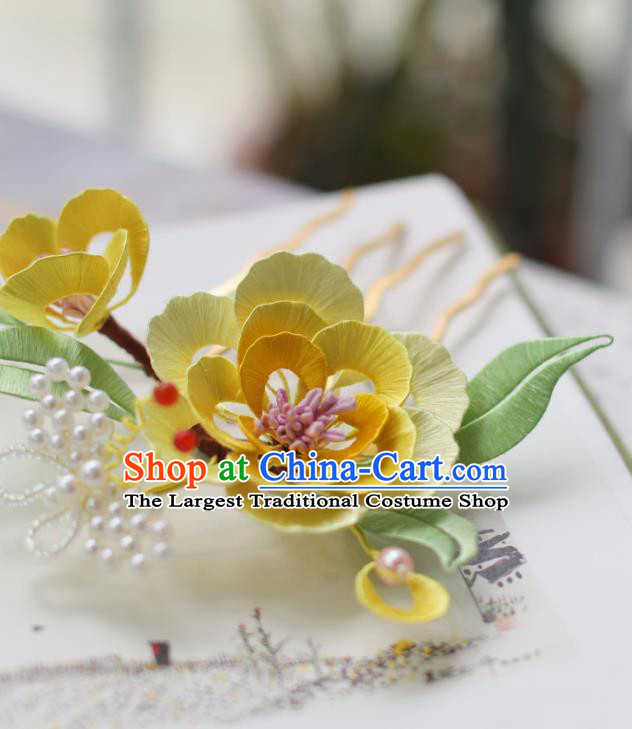 Handmade Chinese Classical Yellow Silk Flowers Hairpins Traditional Hair Accessories Ancient Qing Dynasty Court Peony Hair Comb for Women
