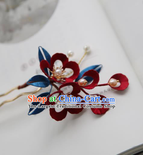 Handmade Chinese Classical Pearls Hairpins Traditional Hair Accessories Ancient Qing Dynasty Court Wine Red Silk Flower Hair Clip for Women