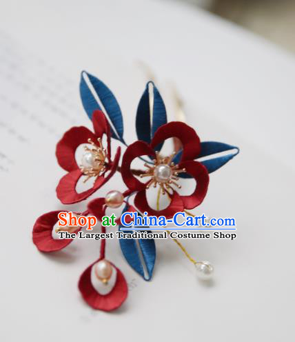 Handmade Chinese Classical Pearls Hairpins Traditional Hair Accessories Ancient Qing Dynasty Court Wine Red Silk Flower Hair Clip for Women