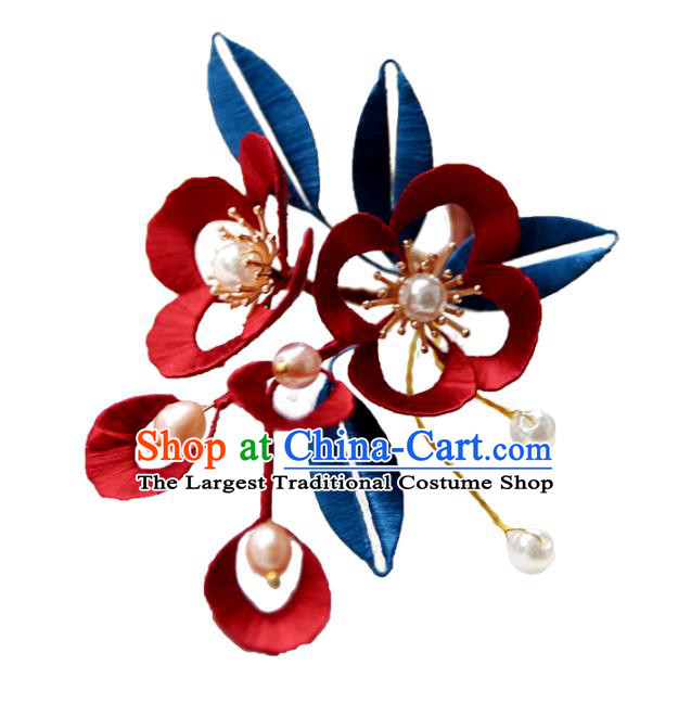 Handmade Chinese Classical Pearls Hairpins Traditional Hair Accessories Ancient Qing Dynasty Court Wine Red Silk Flower Hair Clip for Women