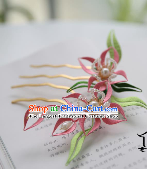 Handmade Chinese Classical Court Pearls Hairpins Traditional Hair Accessories Ancient Qing Dynasty Pink Silk Flower Hair Comb for Women