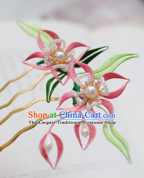 Handmade Chinese Classical Court Pearls Hairpins Traditional Hair Accessories Ancient Qing Dynasty Pink Silk Flower Hair Comb for Women