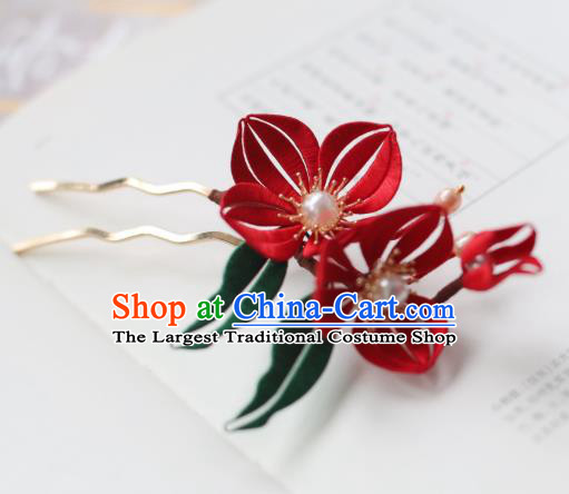 Handmade Chinese Classical Court Red Silk Flowers Hairpins Traditional Hair Accessories Ancient Qing Dynasty Hair Clip for Women