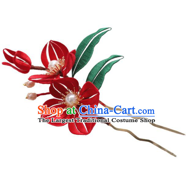 Handmade Chinese Classical Court Red Silk Flowers Hairpins Traditional Hair Accessories Ancient Qing Dynasty Hair Clip for Women