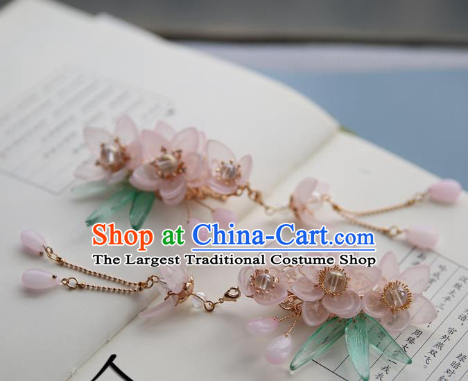 Handmade Chinese Classical Pink Sakura Hairpins Traditional Hair Accessories Ancient Hanfu Tassel Hair Claws for Women