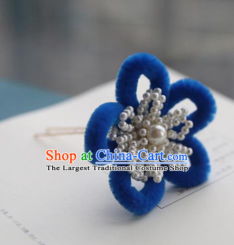 Handmade Chinese Qing Dynasty Hairpins Traditional Classical Hair Accessories Ancient Royalblue Velvet Plum Hair Clip for Women