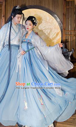 Chinese Traditional Tang Dynasty Court Woman Hanfu Garment Ancient Princess Historical Costumes White Cloak Blouse and Blue Dress Full Set