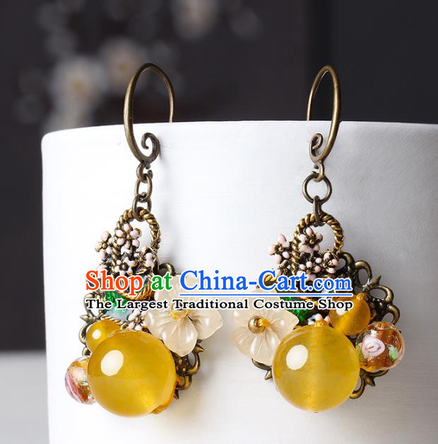 Traditional Chinese Ear Accessories Handmade Eardrop National Cheongsam Yellow Chalcedony Earrings for Women