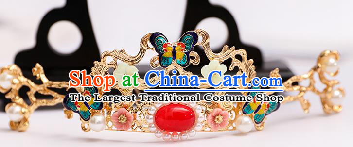 Chinese Classical Wedding Cloisonne Butterfly Hair Crown Traditional Bride Hair Accessories Handmade Hanfu Tassel Hairpins Complete Set