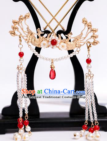 Chinese Classical Wedding Golden Phoenix Hair Crown Traditional Bride Hair Accessories Handmade Hanfu Pearls Tassel Hairpins