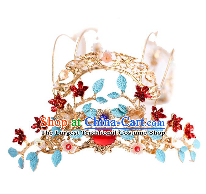 Chinese Classical Wedding Red Flowers Hair Crown Traditional Bride Hair Accessories Handmade Hanfu Golden Tassel Phoenix Coronet Full Set