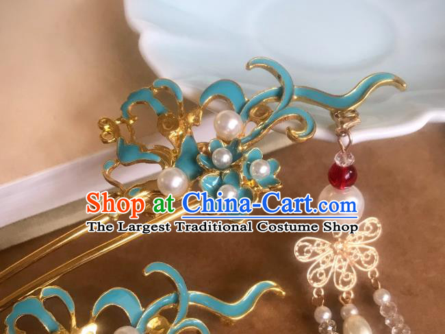 Handmade Chinese Ming Dynasty Blue Hair Clip Traditional Hair Accessories Ancient Court Tassel Hairpins for Women