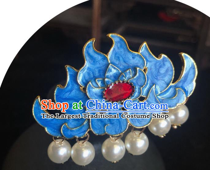 Chinese Classical Wedding Blue Lotus Hair Crown Handmade Traditional Bride Hair Accessories Tassel Hairpins
