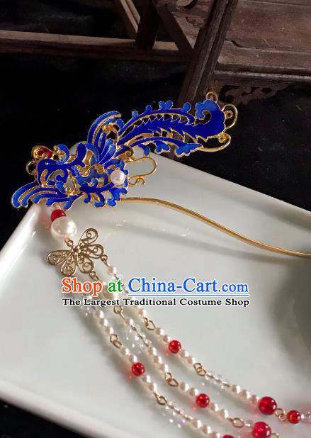 Handmade Chinese Ming Dynasty Beads Tassel Hair Clip Traditional Hair Accessories Ancient Court Blueing Phoenix Hairpins for Women