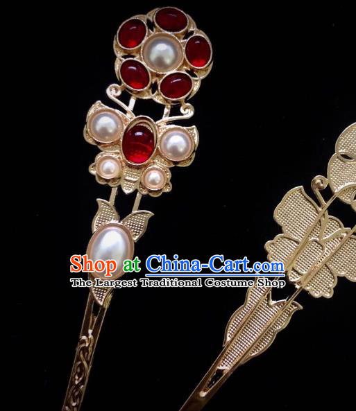 Handmade Chinese Tang Dynasty Red Agate Hair Clip Traditional Hair Accessories Ancient Court Queen Golden Hairpins for Women