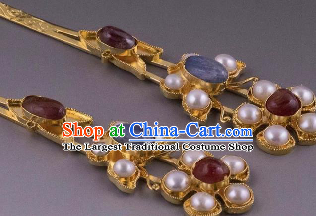 Handmade Chinese Tang Dynasty Blue Stone Hair Clip Traditional Hair Accessories Ancient Court Queen Pearls Hairpins for Women