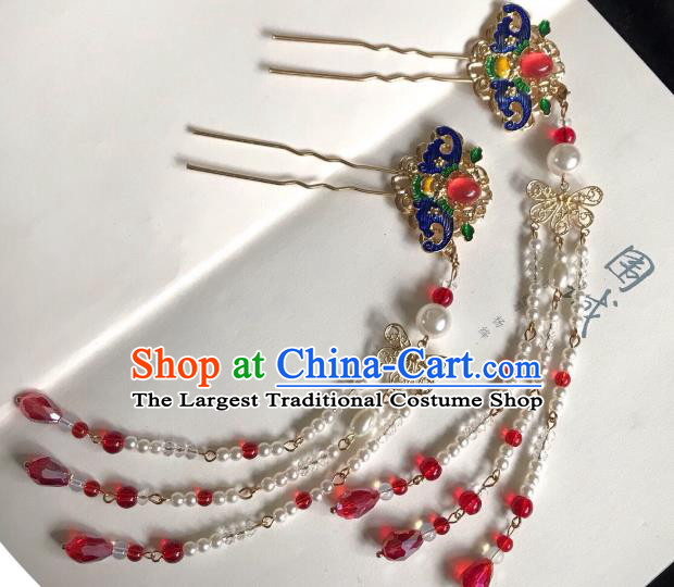 Handmade Chinese Qing Dynasty Tassel Hair Clip Traditional Hair Accessories Ancient Court Queen Blueing Bat Hairpins for Women