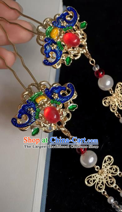 Handmade Chinese Qing Dynasty Tassel Hair Clip Traditional Hair Accessories Ancient Court Queen Blueing Bat Hairpins for Women