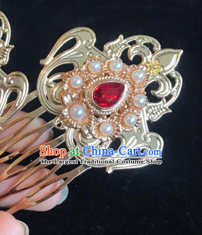 Handmade Chinese Tang Dynasty Golden Hair Comb Traditional Hair Accessories Ancient Court Red Crystal Hairpins for Women