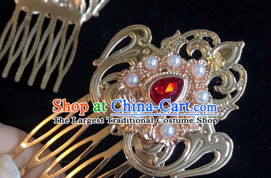 Handmade Chinese Tang Dynasty Golden Hair Comb Traditional Hair Accessories Ancient Court Red Crystal Hairpins for Women