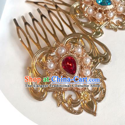 Handmade Chinese Tang Dynasty Golden Hair Comb Traditional Hair Accessories Ancient Court Red Crystal Hairpins for Women