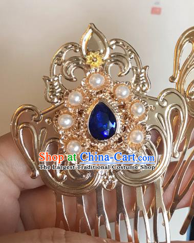 Handmade Chinese Tang Dynasty Golden Hair Comb Traditional Hair Accessories Ancient Court Royalblue Crystal Hairpins for Women