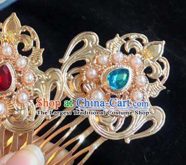 Handmade Chinese Tang Dynasty Golden Hair Comb Traditional Hair Accessories Ancient Court Blue Crystal Hairpins for Women