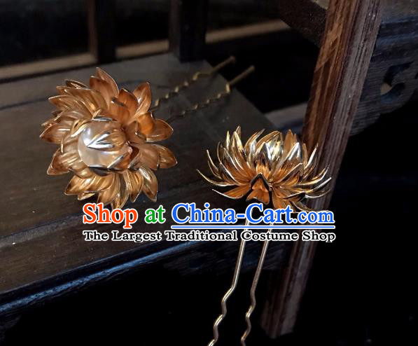 Handmade Chinese Tang Dynasty Princess Hair Clip Traditional Hair Accessories Ancient Court Golden Lotus Hairpins for Women