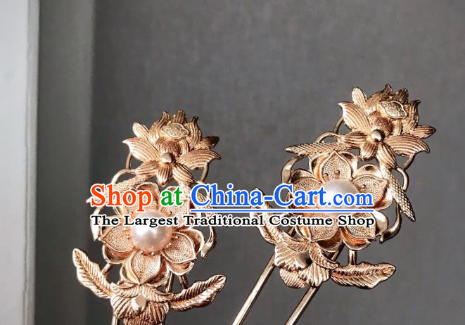 Handmade Chinese Tang Dynasty Court Queen Pearl Hair Clip Traditional Hair Accessories Ancient Golden Lotus Hairpins for Women