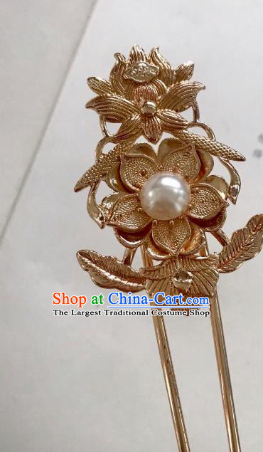 Handmade Chinese Tang Dynasty Court Queen Pearl Hair Clip Traditional Hair Accessories Ancient Golden Lotus Hairpins for Women