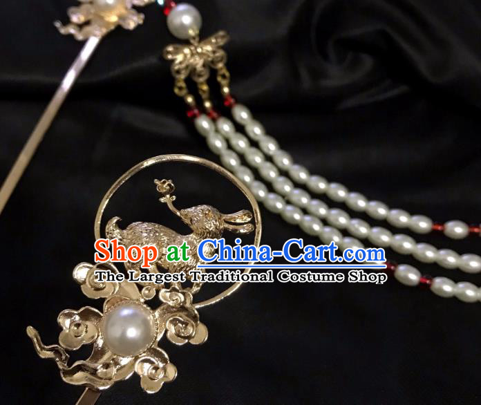 Handmade Chinese Tang Dynasty Pearls Tassel Hair Clip Traditional Hair Accessories Ancient Golden Rabbit Hairpins for Women