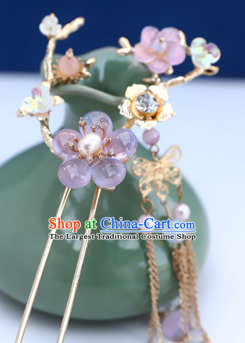 Handmade Chinese Classical Lilac Plum Hairpins Traditional Hair Accessories Ancient Hanfu Court Tassel Hair Clip for Women