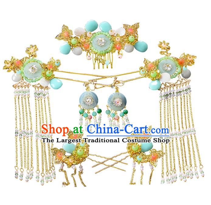 Chinese Classical Wedding Green Ring Hair Comb Traditional Bride Hair Accessories Handmade Hanfu Tassel Hairpins and Earrings Complete Set