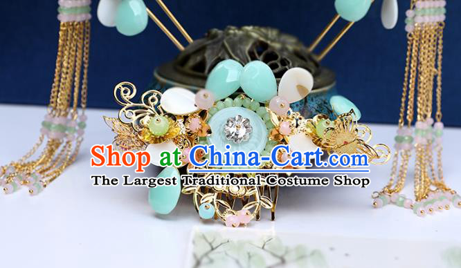 Chinese Classical Wedding Green Ring Hair Comb Traditional Bride Hair Accessories Handmade Hanfu Tassel Hairpins and Earrings Complete Set