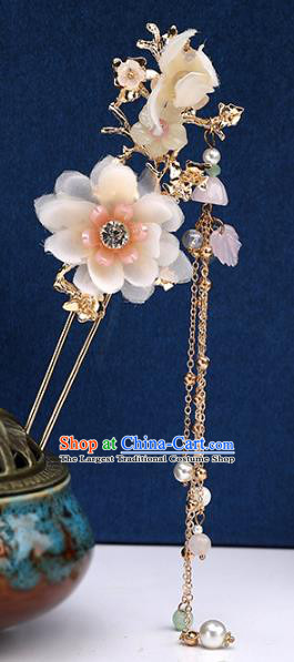 Handmade Chinese Classical Tassel Hairpins Traditional Hair Accessories Ancient Hanfu Court Champagne Silk Flowers Hair Clip for Women