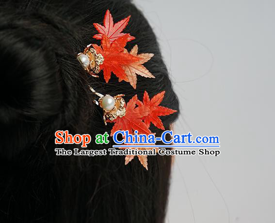 Handmade Chinese Classical Red Maple Leaf Hair Clip Traditional Hair Accessories Ancient Hanfu Pearl Hairpins for Women