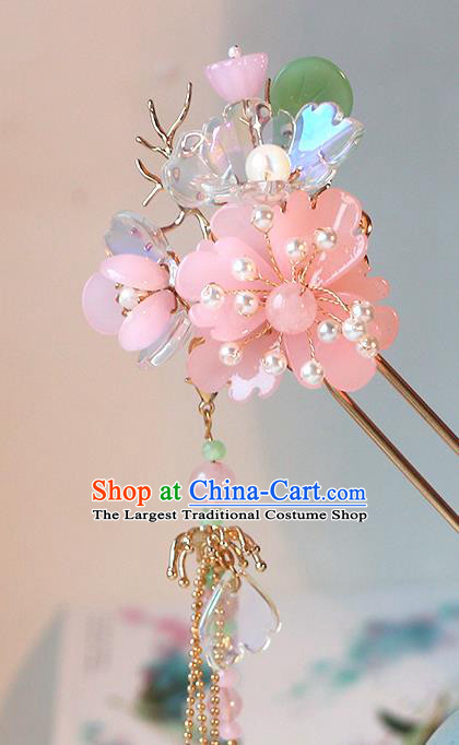 Handmade Chinese Classical Pink Plum Hair Clip Traditional Hair Accessories Ancient Hanfu Tassel Hairpins for Women