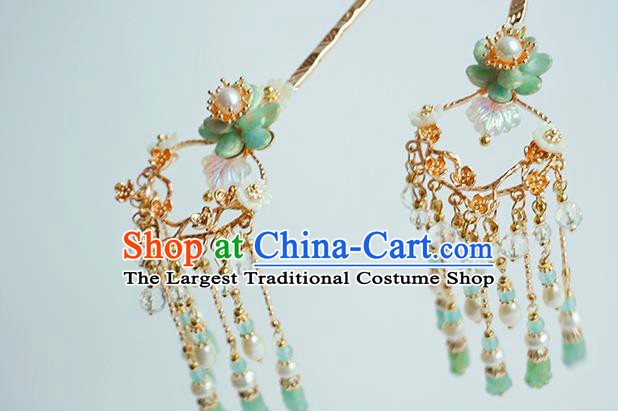 Handmade Chinese Green Beads Tassel Hair Clip Traditional Hair Accessories Ancient Hanfu Classical Shell Flower Hairpins for Women