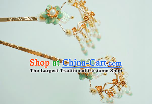 Handmade Chinese Green Beads Tassel Hair Clip Traditional Hair Accessories Ancient Hanfu Classical Shell Flower Hairpins for Women