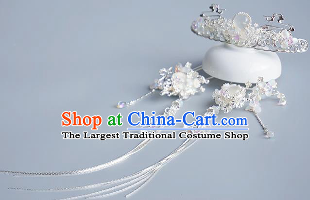 Chinese Classical Wedding Albite Hair Comb Traditional Bride Hair Accessories Handmade Hanfu Argent Tassel Hairpins Complete Set