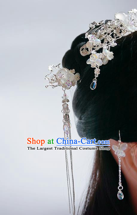 Chinese Classical Wedding Albite Hair Comb Traditional Bride Hair Accessories Handmade Hanfu Argent Tassel Hairpins Complete Set