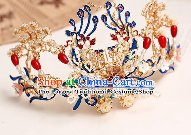 Chinese Classical Wedding Pearls Hair Comb Traditional Bride Hair Accessories Handmade Hanfu Golden Phoenix Hair Comb