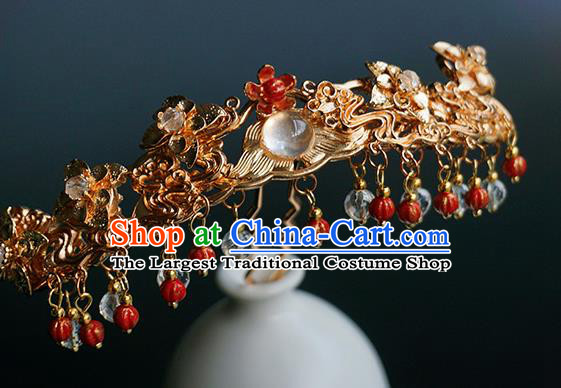 Chinese Classical Wedding Red Beads Tassel Hair Crown Traditional Bride Hair Accessories Handmade Hanfu Golden Cloud Hairpins