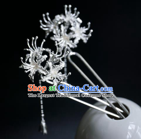 Handmade Chinese Argent Manjusaka Hair Clip Traditional Hair Accessories Ancient Hanfu Classical Tassel Hairpins for Women