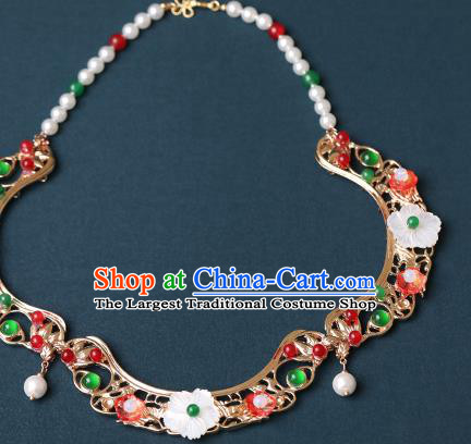 Chinese Handmade Shell Flowers Necklet Decoration Traditional Ming Dynasty Precious Stones Necklace Accessories for Women