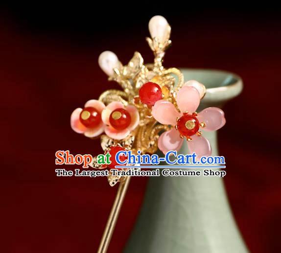 Handmade Chinese Classical Golden Hair Clip Traditional Hair Accessories Ancient Hanfu Red Beads Plum Hairpins for Women
