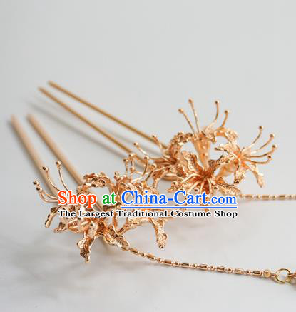 Handmade Chinese Golden Manjusaka Hair Clip Traditional Hair Accessories Ancient Hanfu Classical Tassel Hairpins for Women