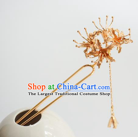 Handmade Chinese Golden Manjusaka Hair Clip Traditional Hair Accessories Ancient Hanfu Classical Tassel Hairpins for Women