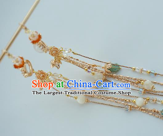 Handmade Chinese Pink Flower Hair Clip Traditional Hair Accessories Ancient Court Classical Golden Tassel Hairpins for Women