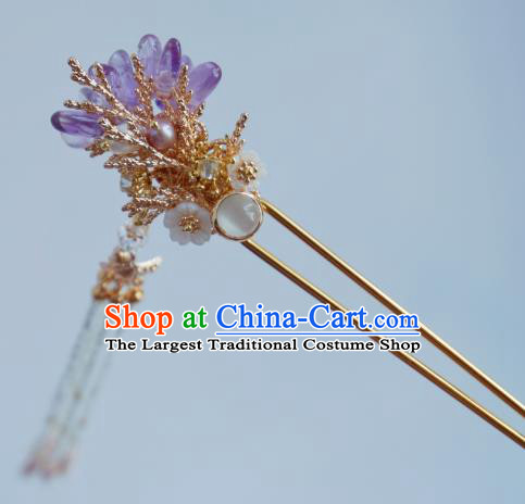Handmade Chinese Beads Tassel Hair Clip Traditional Hair Accessories Ancient Hanfu Amethyst Flower Hairpins for Women